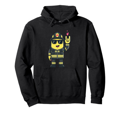 Firefighter Mascot Rock Hand Sign Hoodie - Fun Novelty Design Men Women - T-Shirt, Sweatshirt, Hoodie