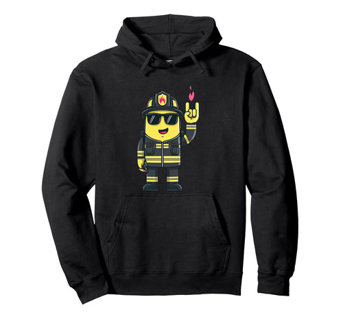 Firefighter Mascot Rock Hand Sign Hoodie - Fun Novelty Design Men Women - T-Shirt, Sweatshirt, Hoodie