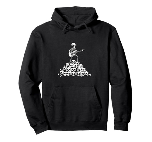 Skeleton Playing Guitar Skull Pile Hoodie - Fun Novelty Design Men Women - T-Shirt, Sweatshirt, Hoodie