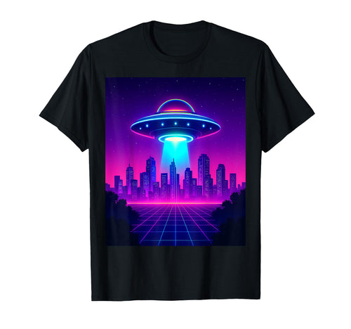 Ufo Vaporwave Cityscape Sci Fi T-Shirt - Aesthetic Graphic for Adults - T-Shirt, Sweatshirt, Hoodie