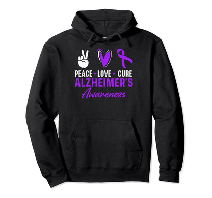 Peace Love Cure Alzheimers Awareness Hoodie - Novelty Apparel for Adults - T-Shirt, Sweatshirt, Hoodie