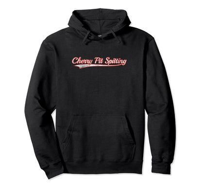 Cherry Pit Spitting Varsity Distressed Hoodie - Fun Novelty Design Unisex - T-Shirt, Sweatshirt, Hoodie