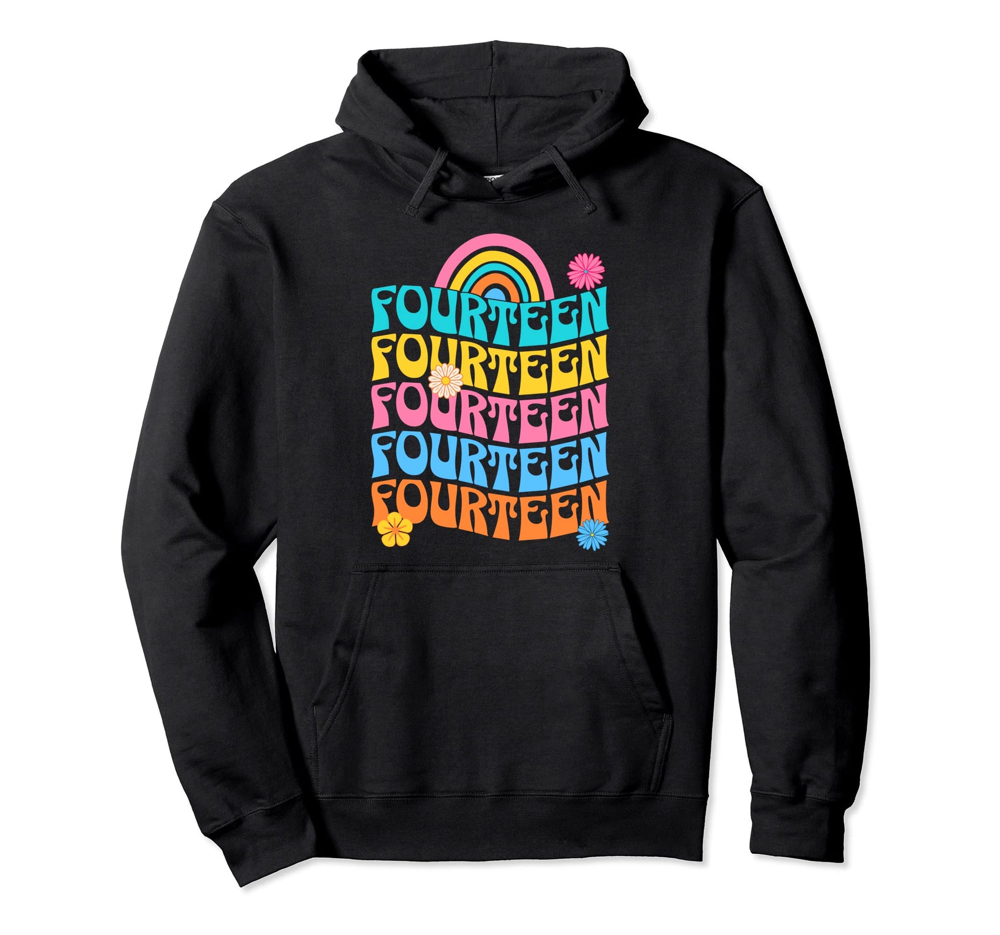 Fourteen 70S Rainbow Birthday 14 Year Old Hoodie - Minimalist Print Unisex - T-Shirt, Sweatshirt, Hoodie