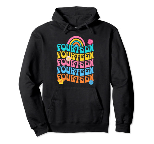 Fourteen 70S Rainbow Birthday 14 Year Old Hoodie - Minimalist Print Unisex - T-Shirt, Sweatshirt, Hoodie