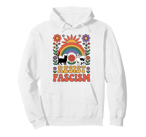 Cats Resist Fascism Groovy Rainbow Hoodie - Fun Novelty Design for Adults - T-Shirt, Sweatshirt, Hoodie