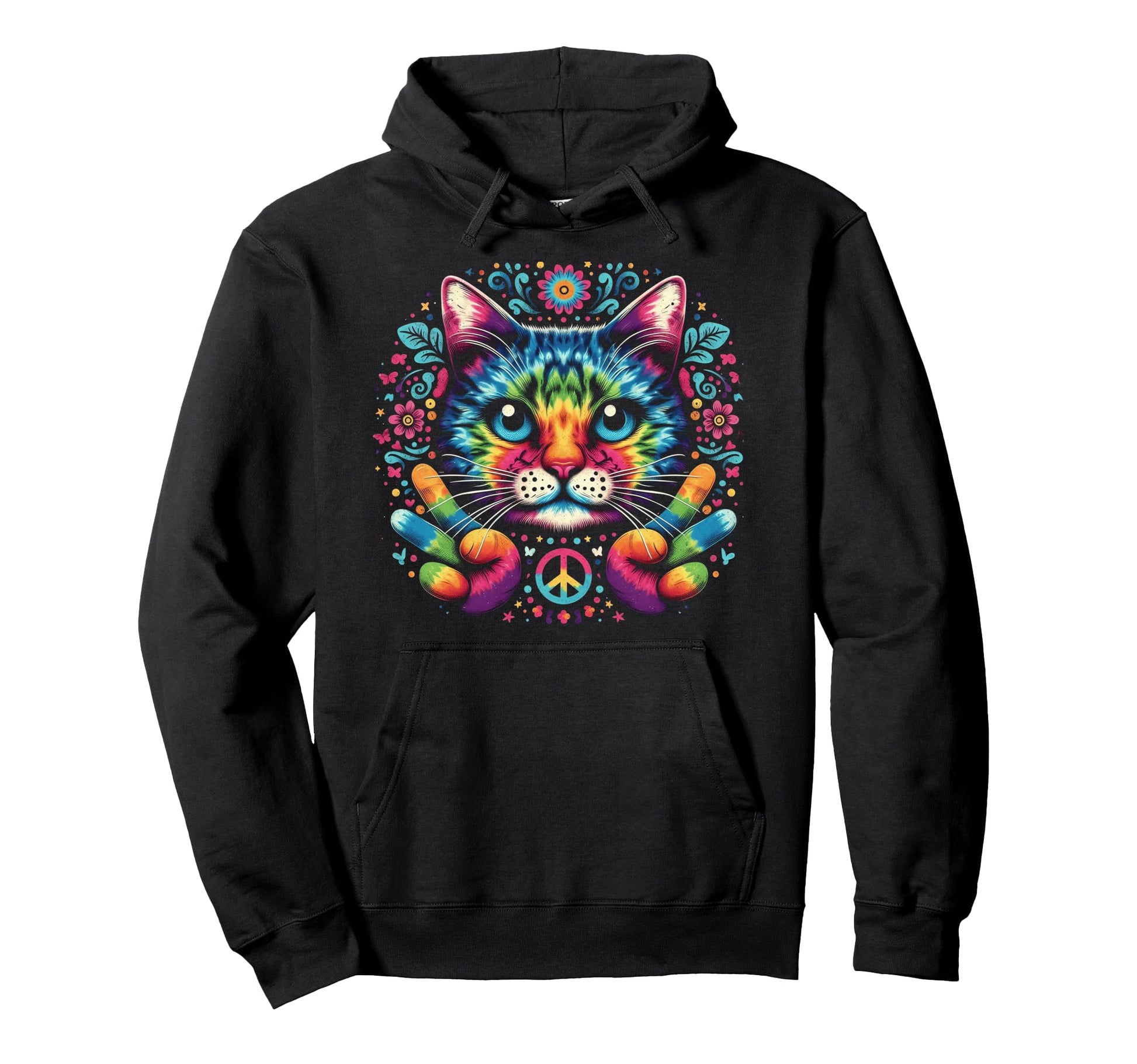 Love And Peace Colorful Cat Hoodie - Aesthetic Graphic Men Women - T-Shirt, Sweatshirt, Hoodie