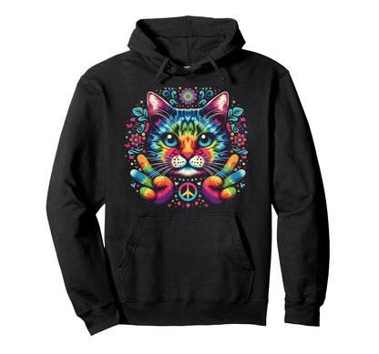 Love And Peace Colorful Cat Hoodie - Aesthetic Graphic Men Women - T-Shirt, Sweatshirt, Hoodie