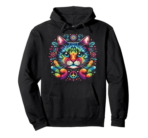 Love And Peace Colorful Cat Hoodie - Aesthetic Graphic Men Women - T-Shirt, Sweatshirt, Hoodie