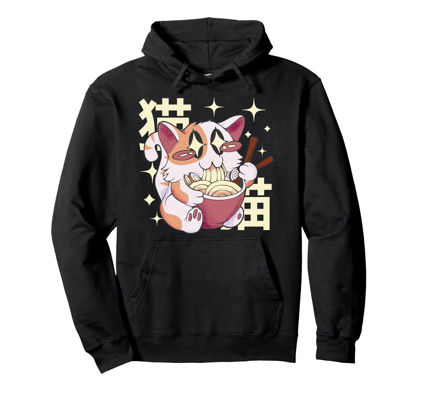 Happy Cat Eating Ramen Japan 80S Hoodie - Fun Novelty Design Men Women - T-Shirt, Sweatshirt, Hoodie