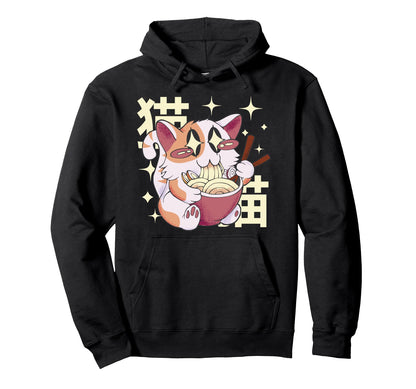 Happy Cat Eating Ramen Japan 80S Hoodie - Fun Novelty Design Men Women - T-Shirt, Sweatshirt, Hoodie