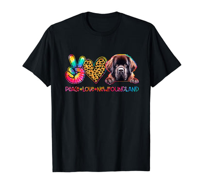 Peace Love Newfoundland Tie Dye Dog T-Shirt - Casual Everyday Wear Unisex - T-Shirt, Sweatshirt, Hoodie