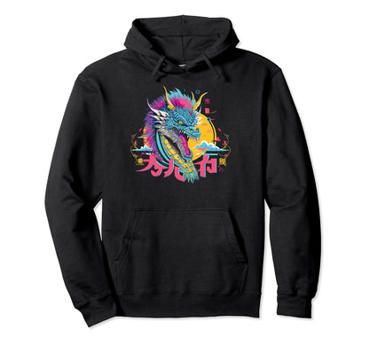 Dragon Techno Vaporwave Futuristic Outrun Hoodie - Graphic Print Unisex - T-Shirt, Sweatshirt, Hoodie