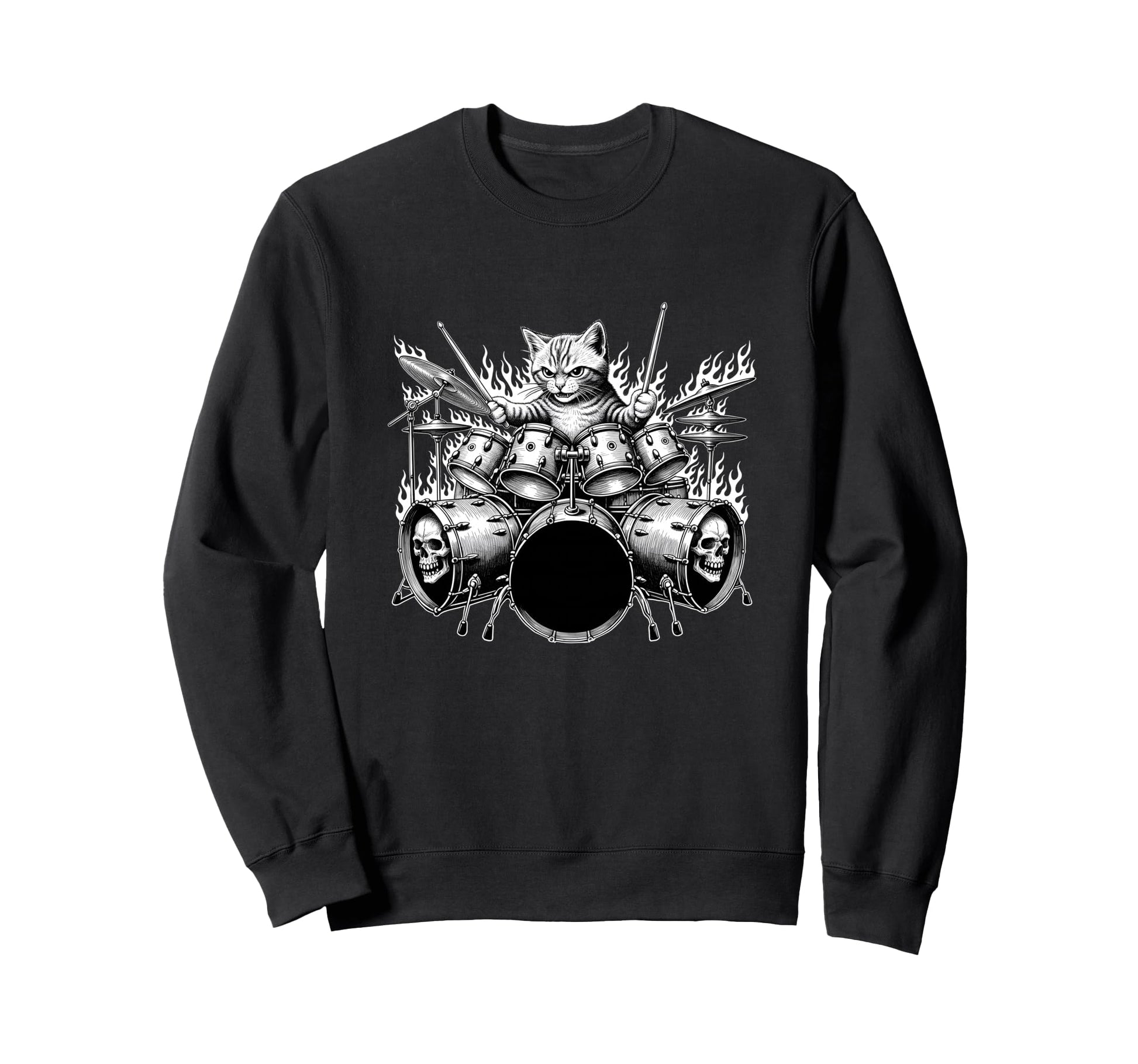 Cat Playing Drums Rock Kit Animal Art Sweatshirt - Graphic Print for Adults - T-Shirt, Sweatshirt, Hoodie