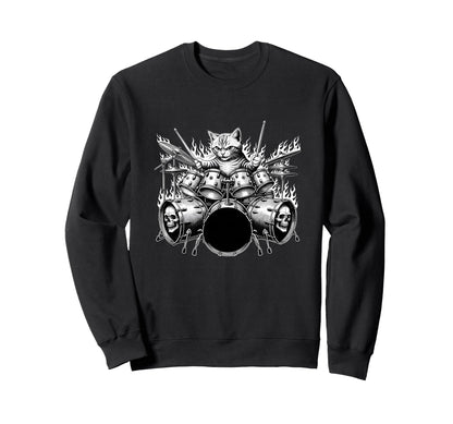 Cat Playing Drums Rock Kit Animal Art Sweatshirt - Graphic Print for Adults - T-Shirt, Sweatshirt, Hoodie