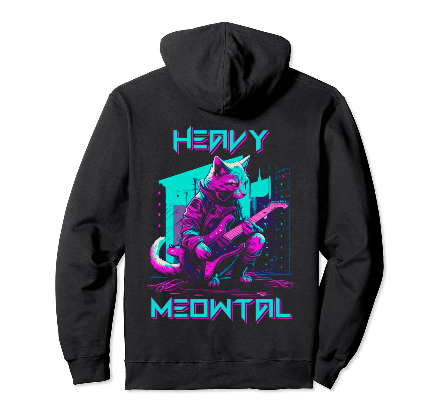 Vaporwave 80S Cat Playing Guitar Hoodie - Minimalist Print Unisex - T-Shirt, Sweatshirt, Hoodie