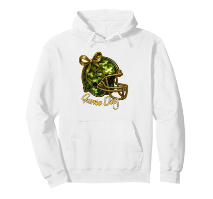 Football Camo Coquette Bow Game Day Football Hoodie - Graphic Print Unisex - T-Shirt, Sweatshirt, Hoodie
