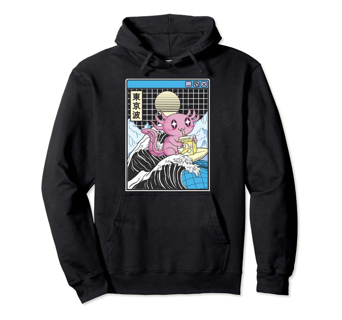 Axolotl Drinking Banana Milk Kanagawa Wave Hoodie - Trendy Graphic Unisex - T-Shirt, Sweatshirt, Hoodie
