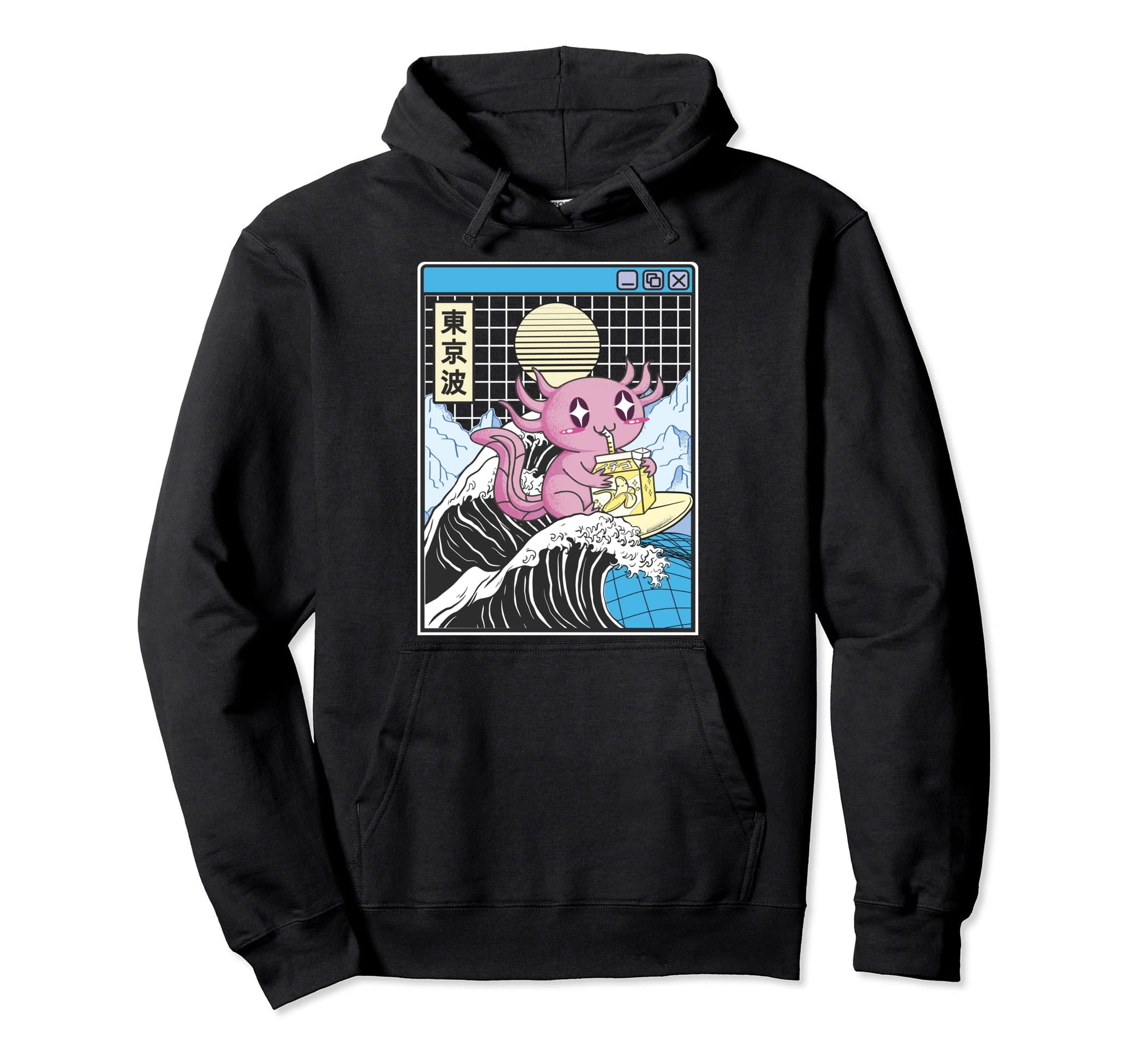 Axolotl Drinking Banana Milk Kanagawa Wave Hoodie - Trendy Graphic Unisex - T-Shirt, Sweatshirt, Hoodie