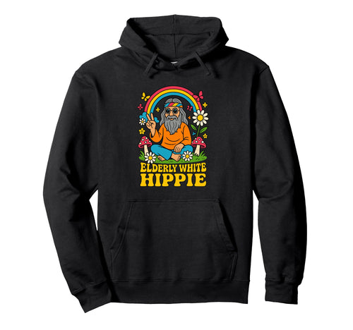 Elderly White Hippie Rainbow Peace Sign Hoodie - Novelty Apparel Men Women - T-Shirt, Sweatshirt, Hoodie