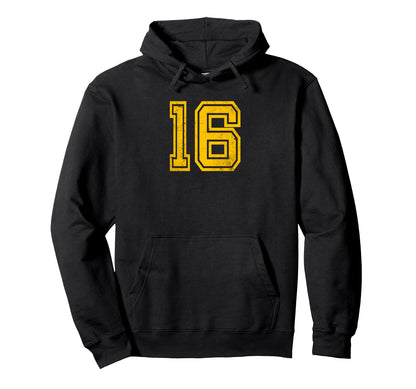 Yellow Distressed Sport Team Number 16 Hoodie - Graphic Print Unisex - T-Shirt, Sweatshirt, Hoodie