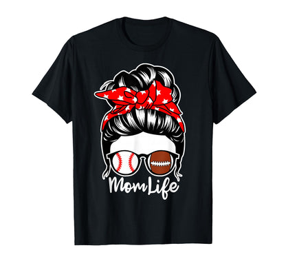 Mom Life Messy Bun Hair Football T-Shirt - Custom Art Print Men Women - T-Shirt, Sweatshirt, Hoodie