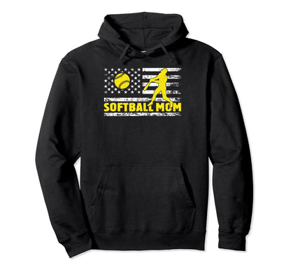 Softball Mom Usa Flag Game Day Funny Hoodie - Casual Everyday Wear Unisex - T-Shirt, Sweatshirt, Hoodie