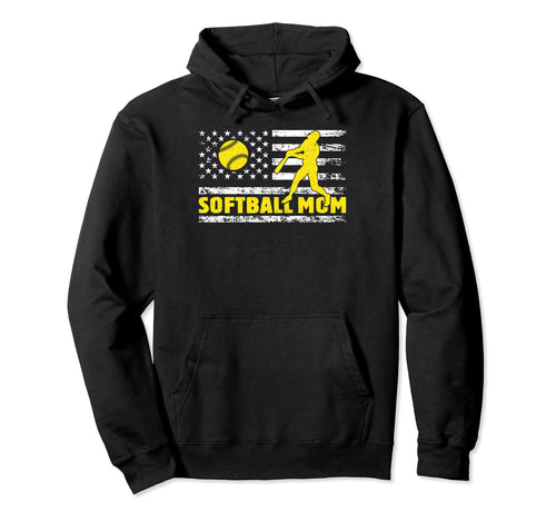 Softball Mom Usa Flag Game Day Funny Hoodie - Casual Everyday Wear Unisex - T-Shirt, Sweatshirt, Hoodie
