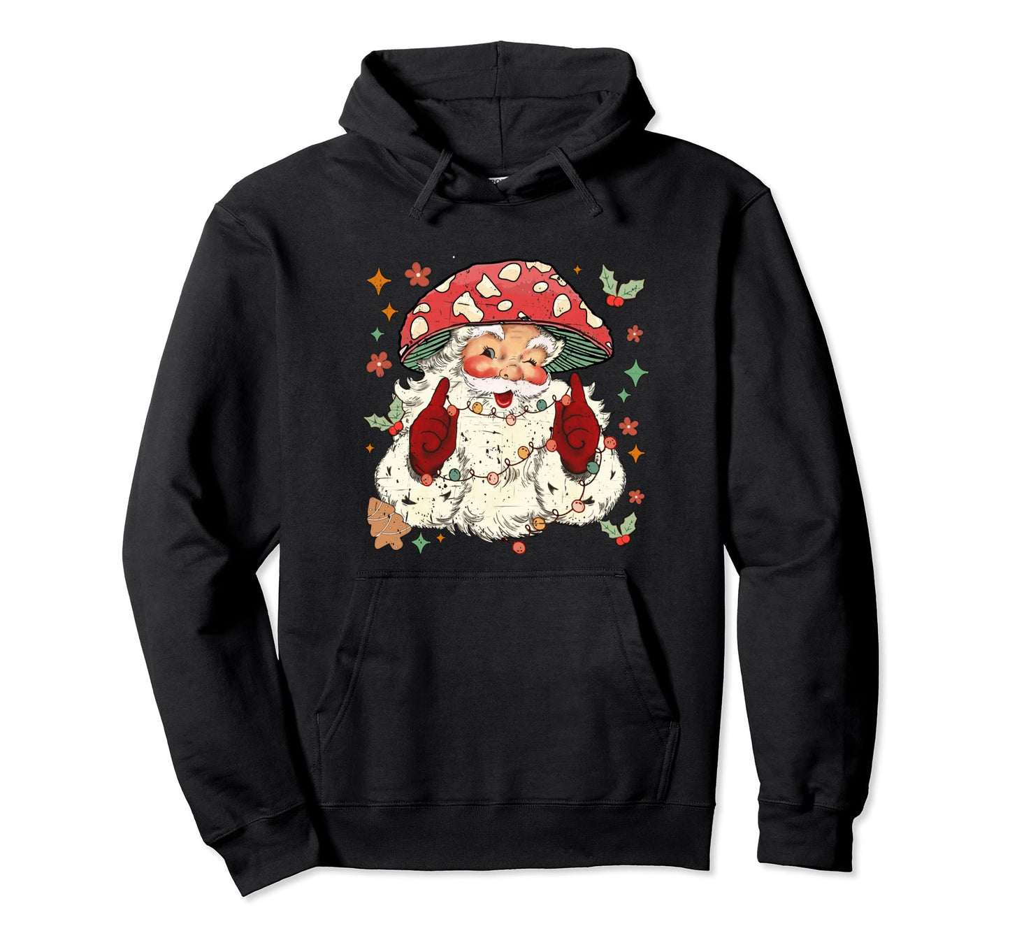 Merry Mushroom Santa Claus Groovy Hoodie - Graphic Print for Adults - T-Shirt, Sweatshirt, Hoodie