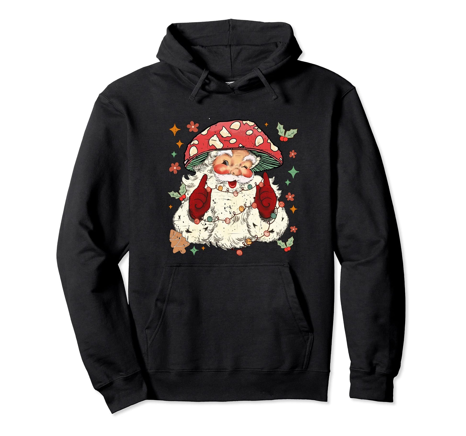 Merry Mushroom Santa Claus Groovy Hoodie - Graphic Print for Adults - T-Shirt, Sweatshirt, Hoodie