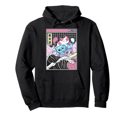 Playing Cats Surfing Kanagawa Wave Hoodie - Custom Art Print for Adults - T-Shirt, Sweatshirt, Hoodie