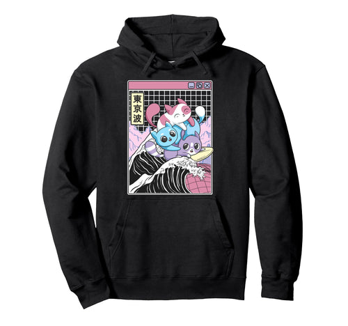 Playing Cats Surfing Kanagawa Wave Hoodie - Custom Art Print for Adults - T-Shirt, Sweatshirt, Hoodie