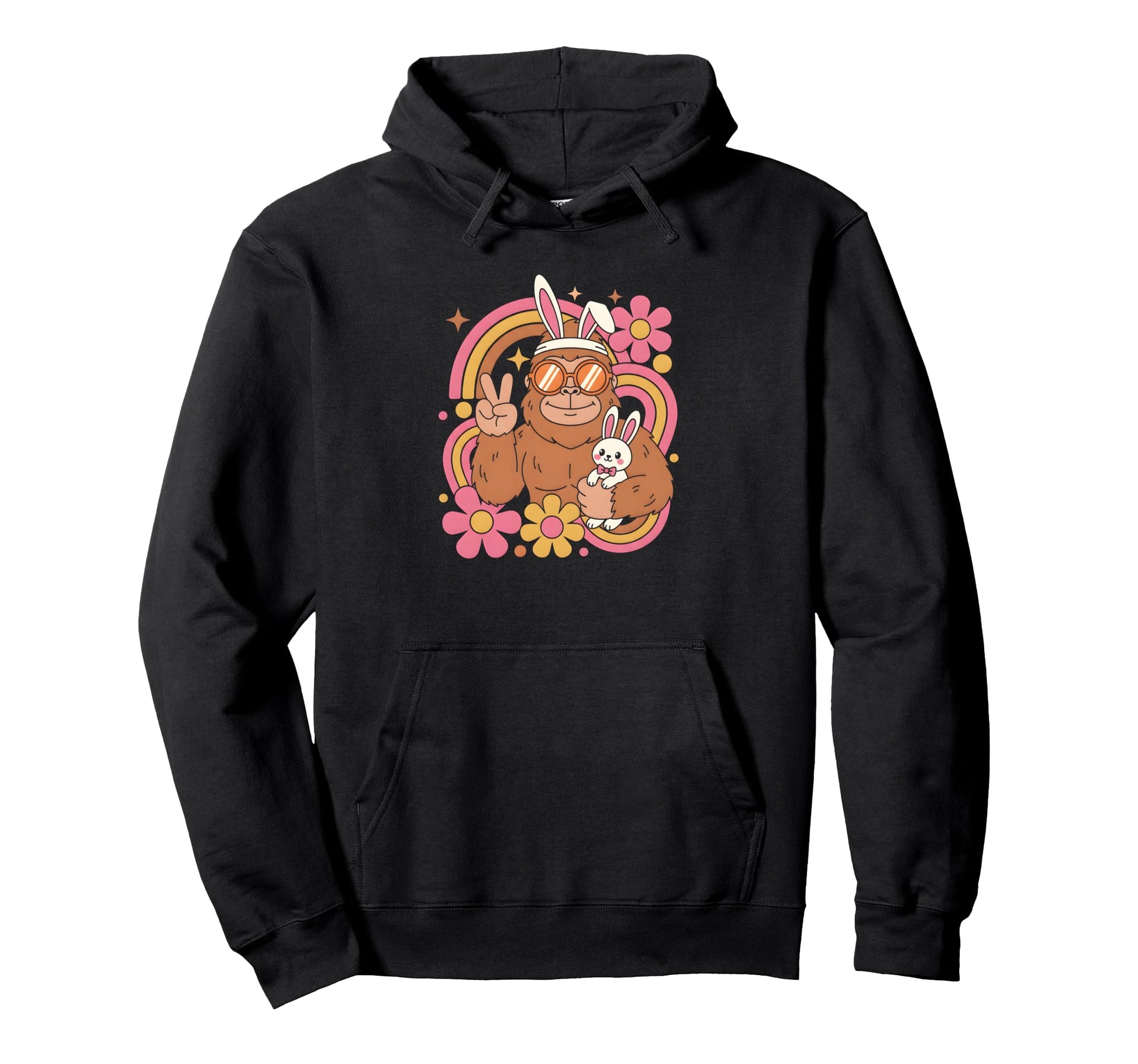 Groovy Easter Bigfoot Sasquatch Bunny Hoodie - Unique Graphic Men Women - T-Shirt, Sweatshirt, Hoodie