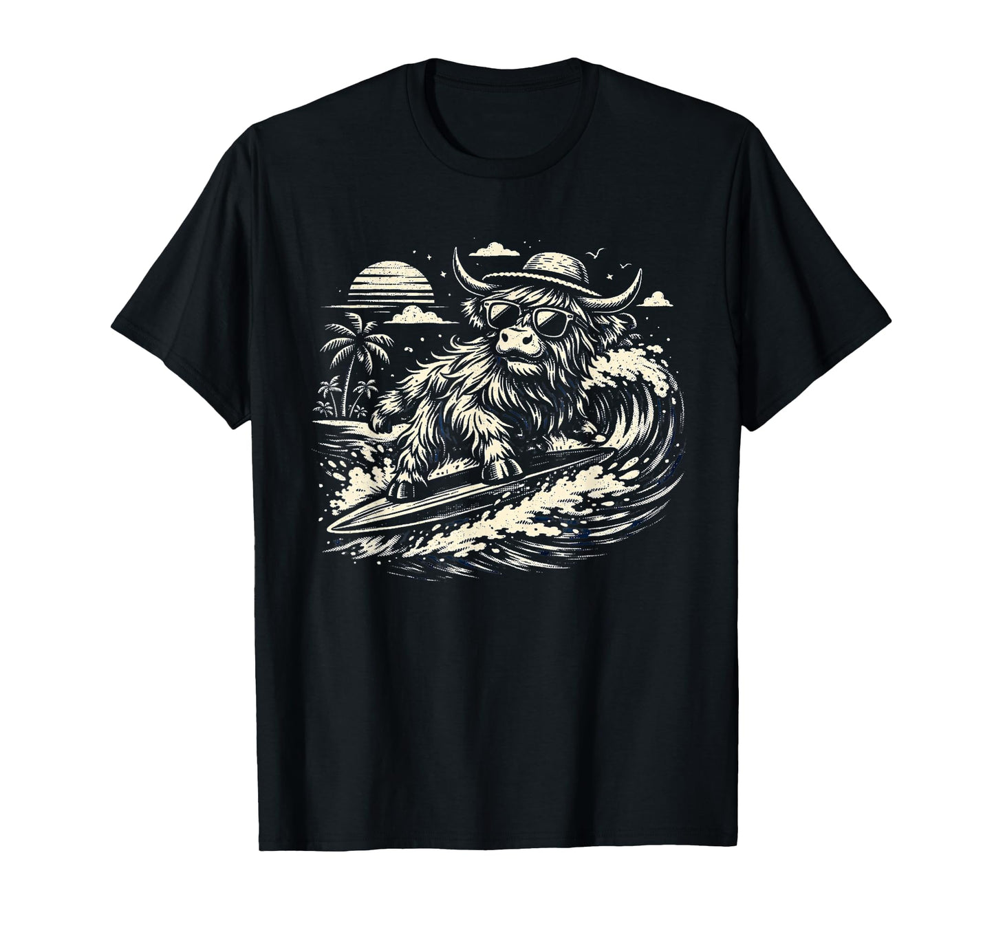 Funny Highland Cow Surfing Beach T-Shirt - Aesthetic Graphic Men Women - T-Shirt, Sweatshirt, Hoodie