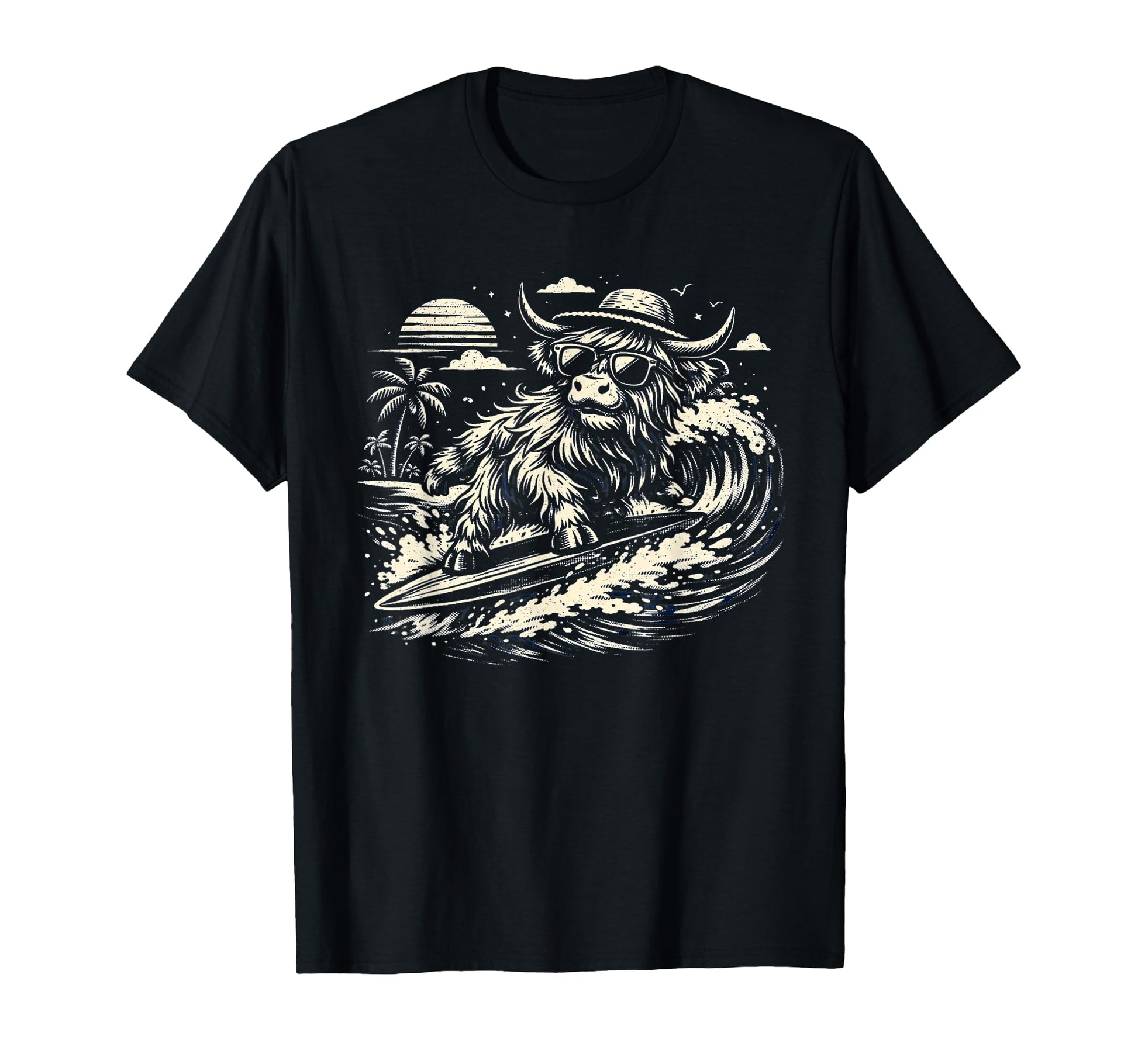 Funny Highland Cow Surfing Beach T-Shirt - Aesthetic Graphic Men Women - T-Shirt, Sweatshirt, Hoodie