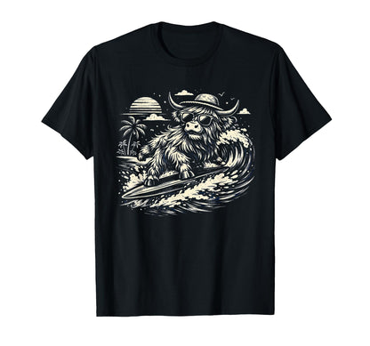 Funny Highland Cow Surfing Beach T-Shirt - Aesthetic Graphic Men Women - T-Shirt, Sweatshirt, Hoodie