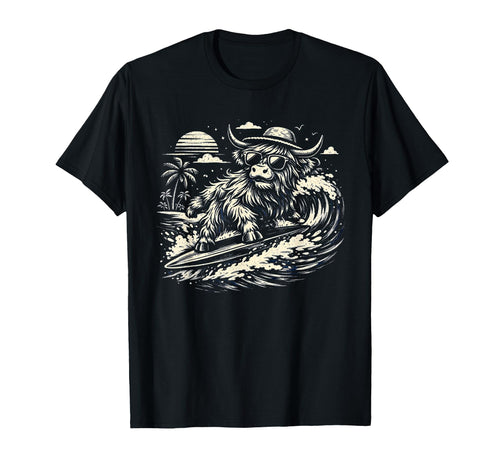 Funny Highland Cow Surfing Beach T-Shirt - Aesthetic Graphic Men Women - T-Shirt, Sweatshirt, Hoodie