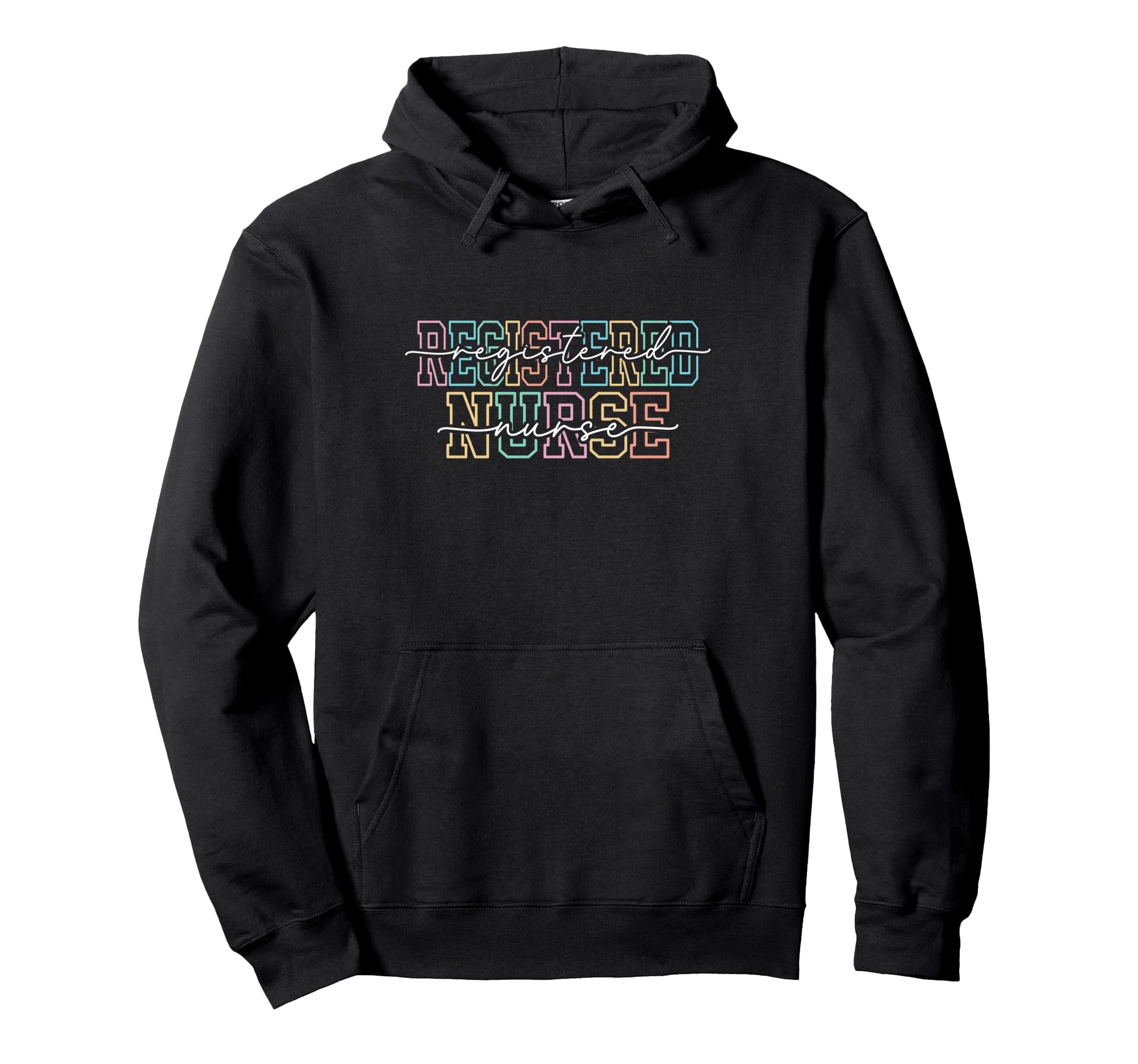 Registered Nurse Rainbow Varsity Script Hoodie - Unique Graphic for Adults - T-Shirt, Sweatshirt, Hoodie