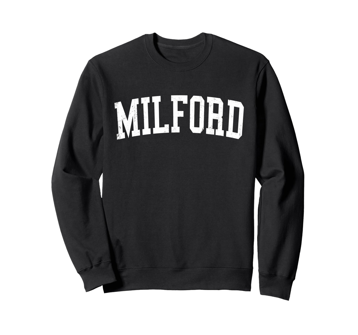 Milford De Distressed White Varsity Sweatshirt - Aesthetic Graphic Unisex - T-Shirt, Sweatshirt, Hoodie