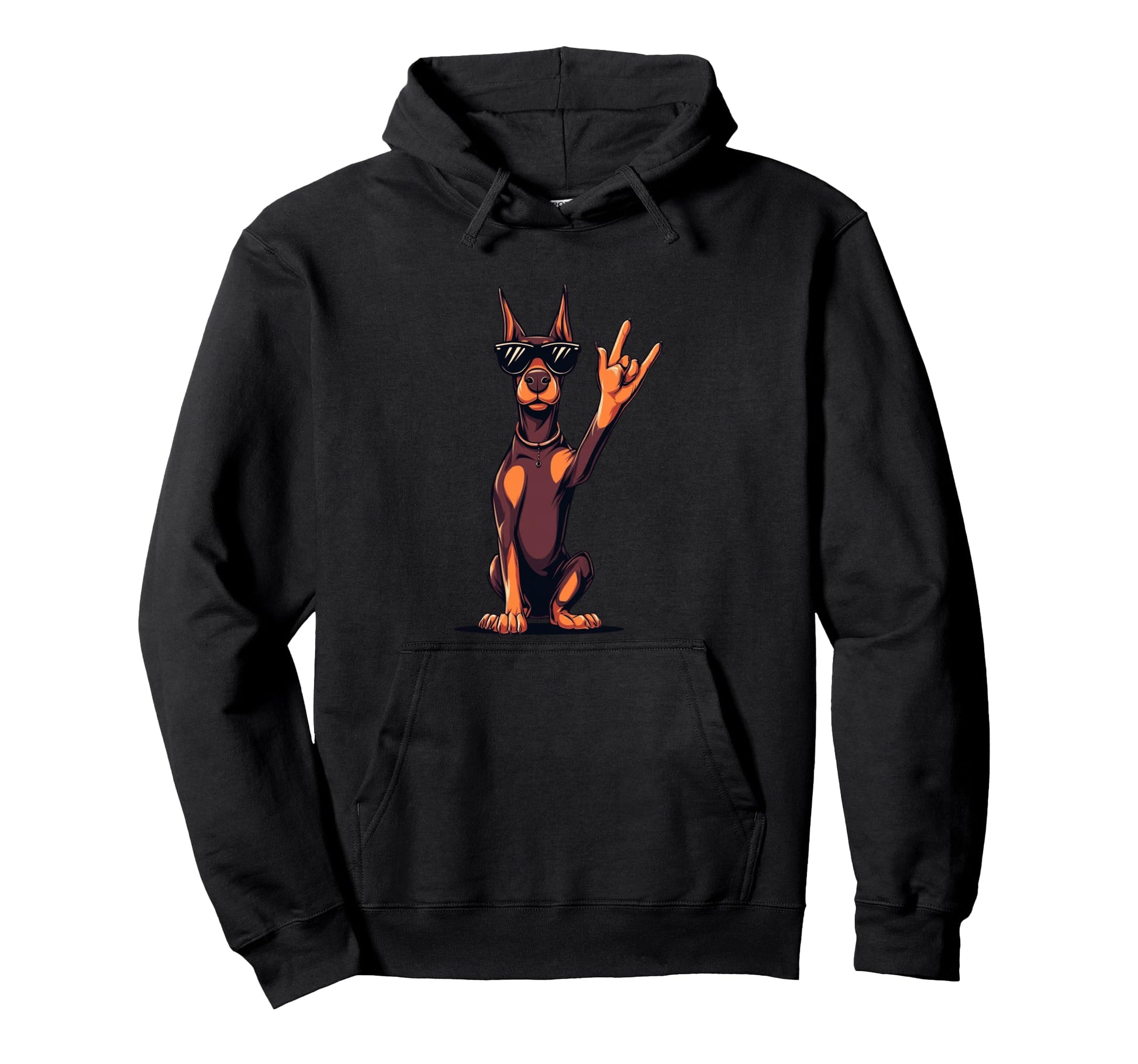 Doberman Pinscher Rock Hand Sign Punk Dog Hoodie - Graphic Print for Adults - T-Shirt, Sweatshirt, Hoodie