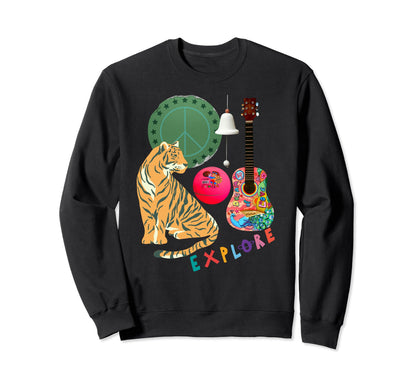 Boho Guitar Tiger Hippie Collage Sweatshirt - Minimalist Print for Adults - T-Shirt, Sweatshirt, Hoodie