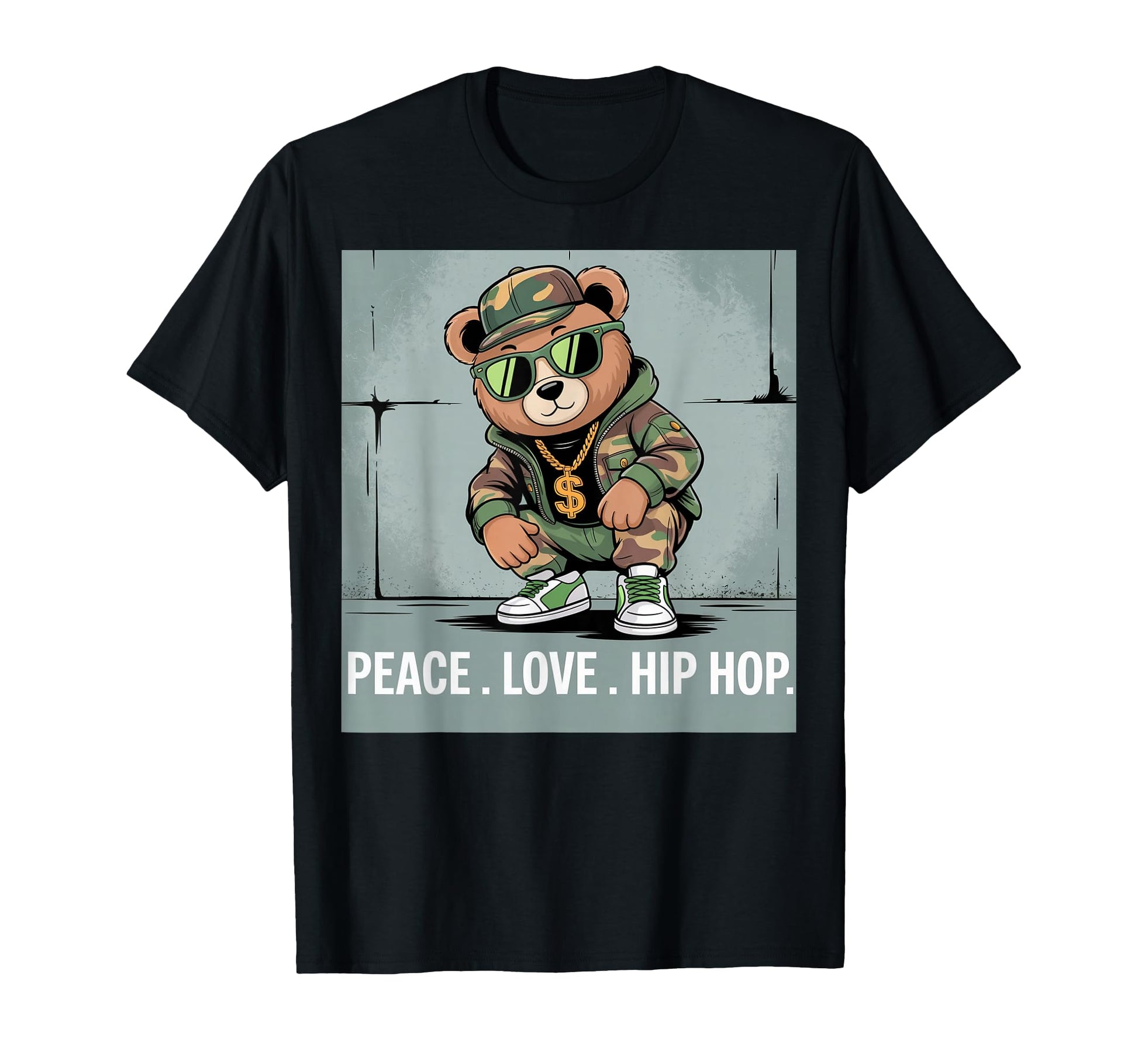 Camouflage Rapper Teddy Bear Camo 80S T-Shirt - Custom Art Print Unisex - T-Shirt, Sweatshirt, Hoodie