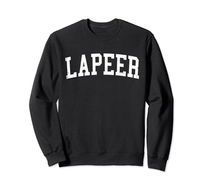 Lapeer Mi Distressed White Varsity Sweatshirt - Unique Graphic Unisex - T-Shirt, Sweatshirt, Hoodie