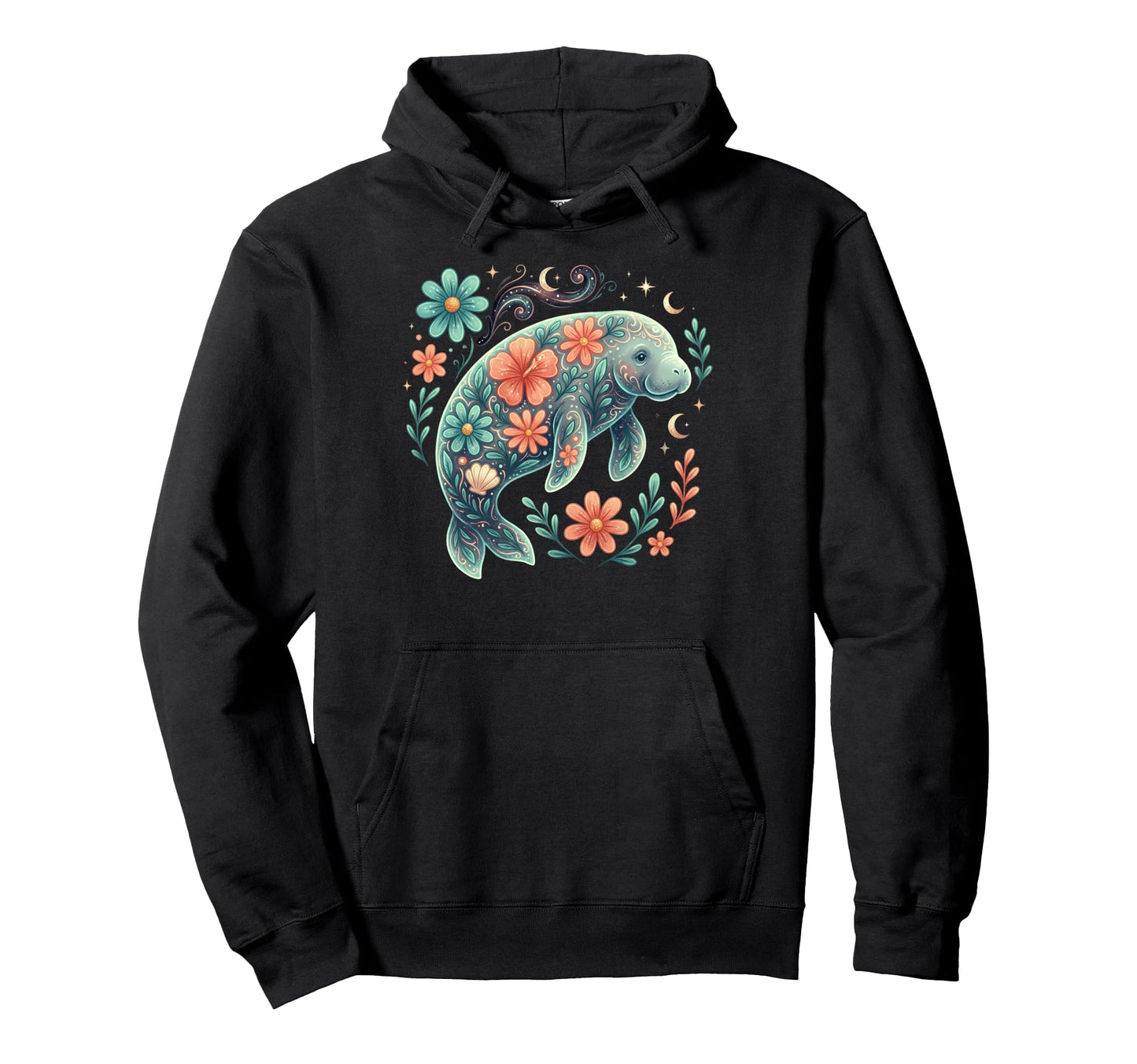 Floral Boho Manatee Summer Coastal Hoodie - Novelty Apparel for Adults - T-Shirt, Sweatshirt, Hoodie
