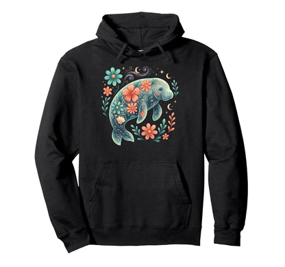 Floral Boho Manatee Summer Coastal Hoodie - Novelty Apparel for Adults - T-Shirt, Sweatshirt, Hoodie