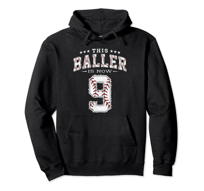 9 Years Old Birthday Baseball Theme Hoodie - Minimalist Print Men Women - T-Shirt, Sweatshirt, Hoodie