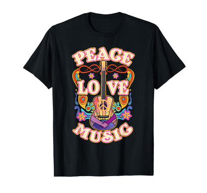 Hippie Guitar Peace Love Music T-Shirt - Minimalist Print Unisex - T-Shirt, Sweatshirt, Hoodie