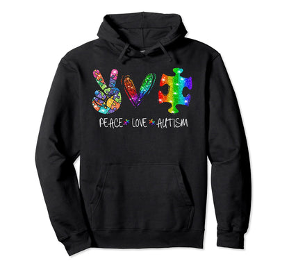 Peace Love Puzzle Ribbon Autism Awareness T-Shirt - Novelty Apparel Unisex - T-Shirt, Sweatshirt, Hoodie