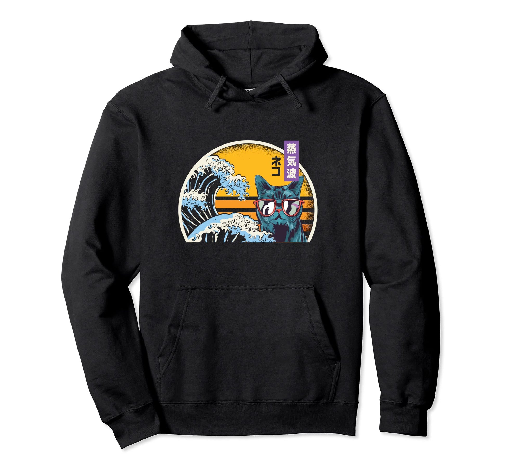 80S Great Wave Japanese Vaporwave Cat Hoodie - Streetwear Style Men Women - T-Shirt, Sweatshirt, Hoodie