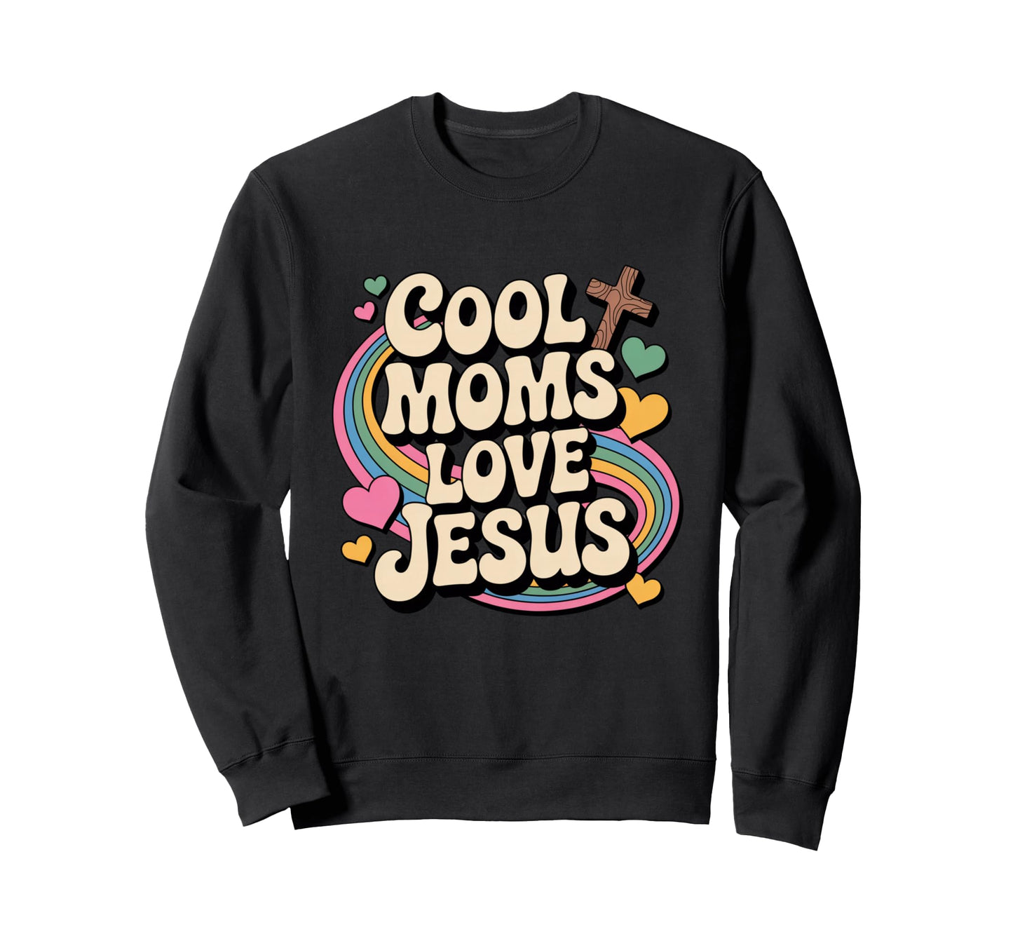 Moms Love Jesus Groovy Rainbow Sweatshirt - Minimalist Print Unisex - T-Shirt, Sweatshirt, Hoodie