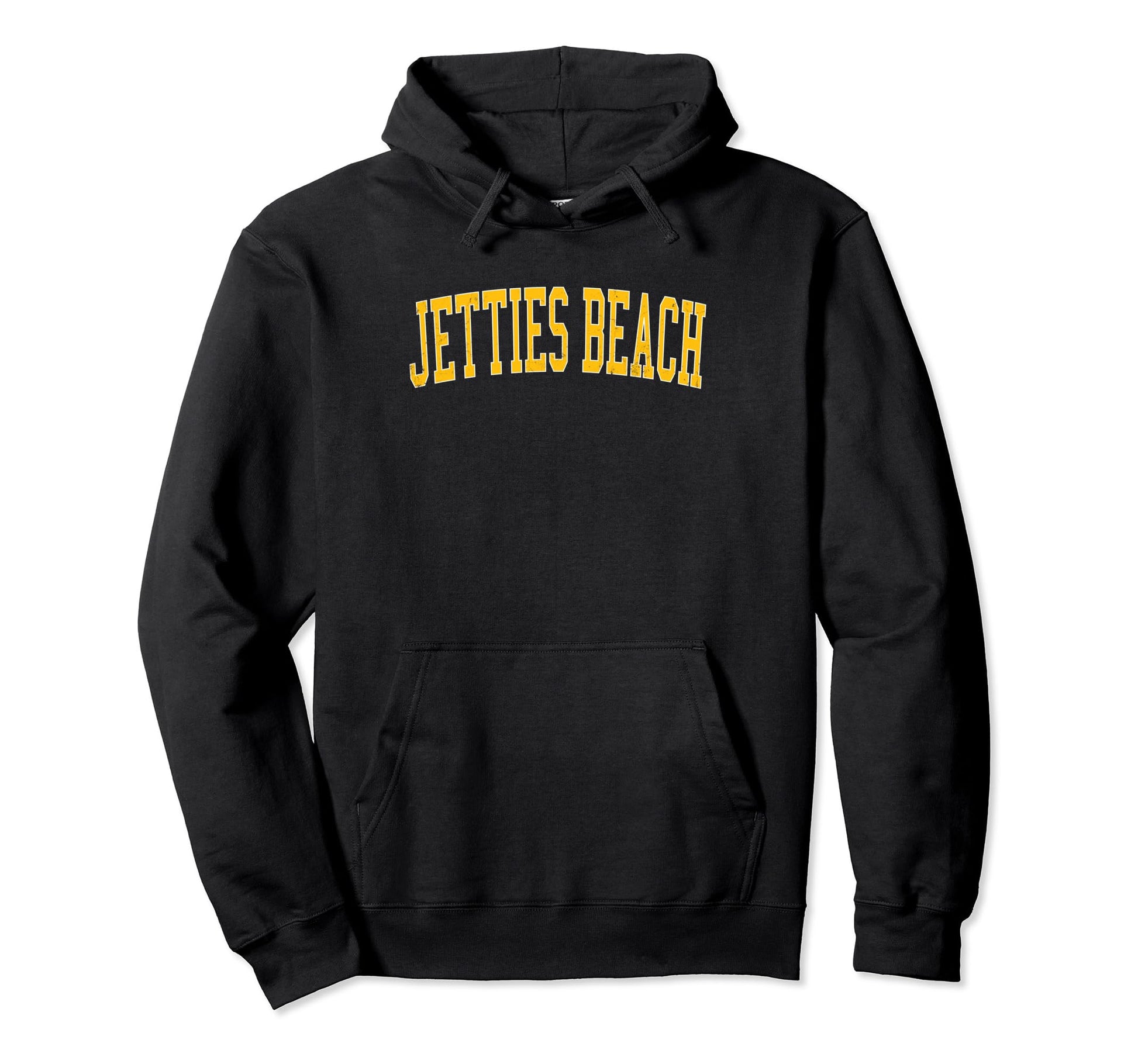 Jetties Beach Distressed Gold Varsity Hoodie - Minimalist Print Unisex - T-Shirt, Sweatshirt, Hoodie